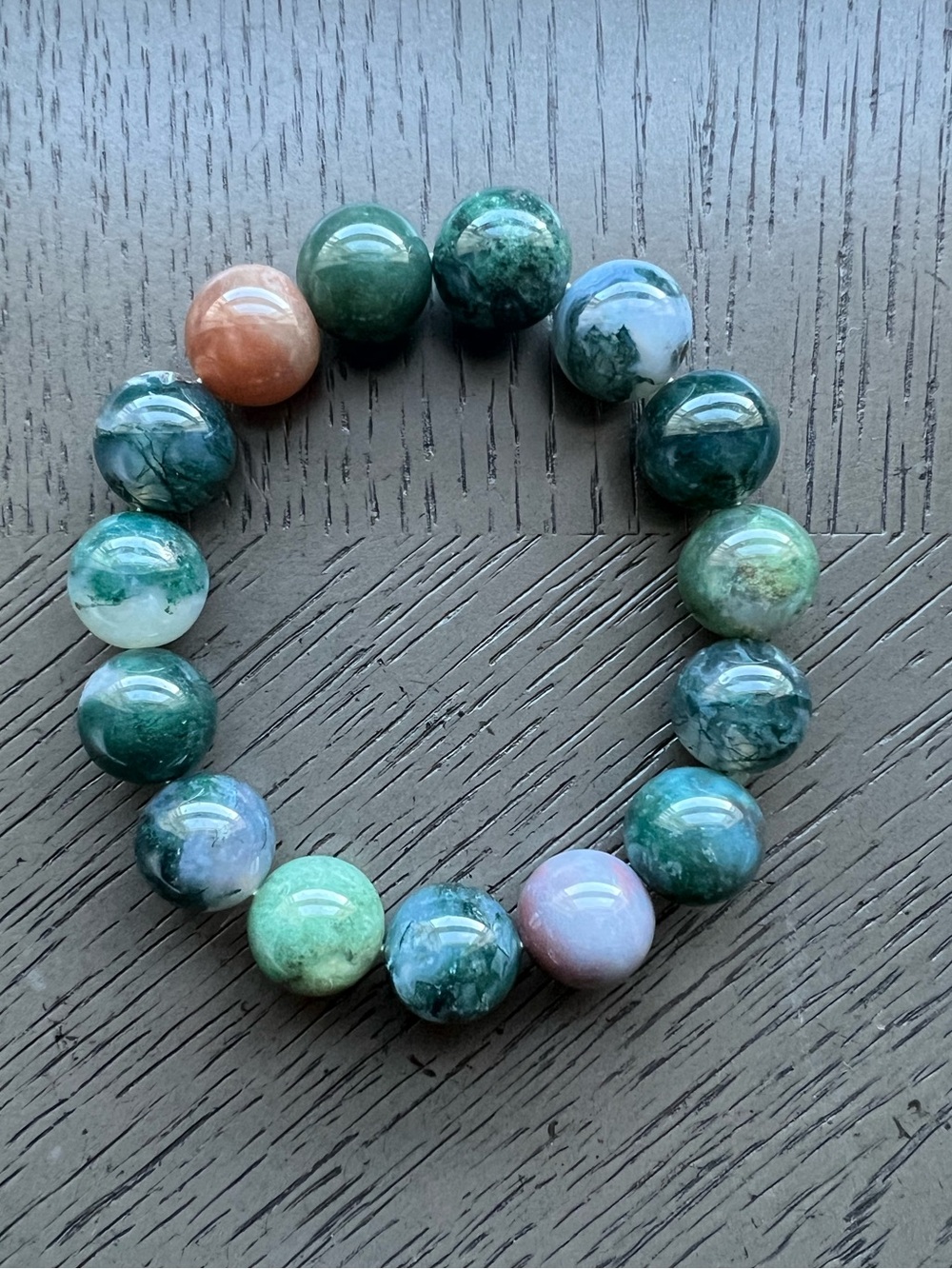 Moss Agate bracelet 15mm SIZE 7.25’